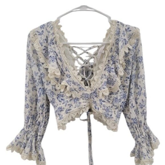 Olivaceous Womens Coquette Top Large Crop Floral Toile Cottagecore Milkmaid - Picture 4 of 8